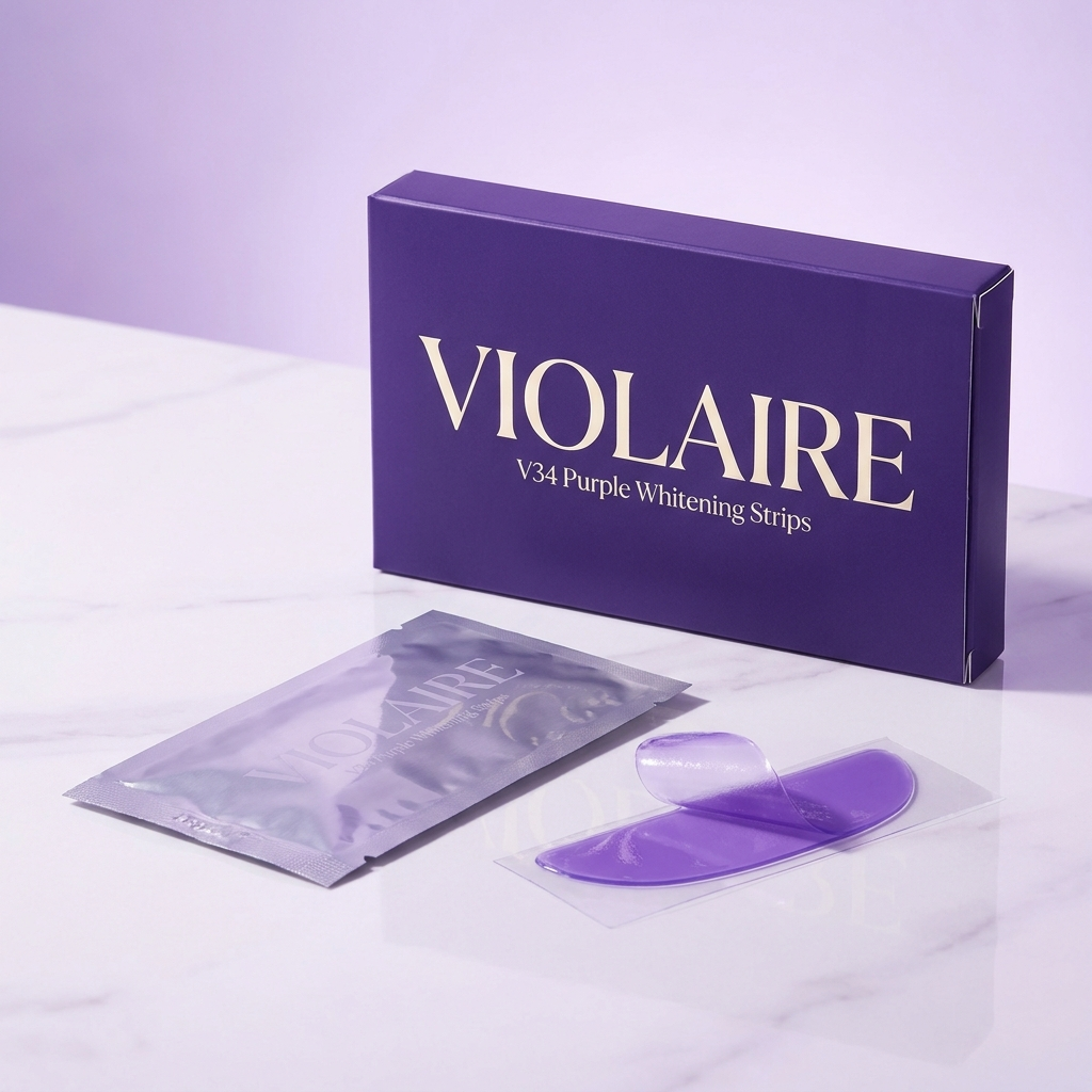 Violaire V34 Purple Whitening Strips — premium violet box with foil sachet and purple strip on marble