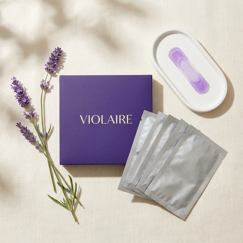 Violaire purple whitening kit flat lay — violet box, foil sachets, purple strip on ceramic tray with lavender