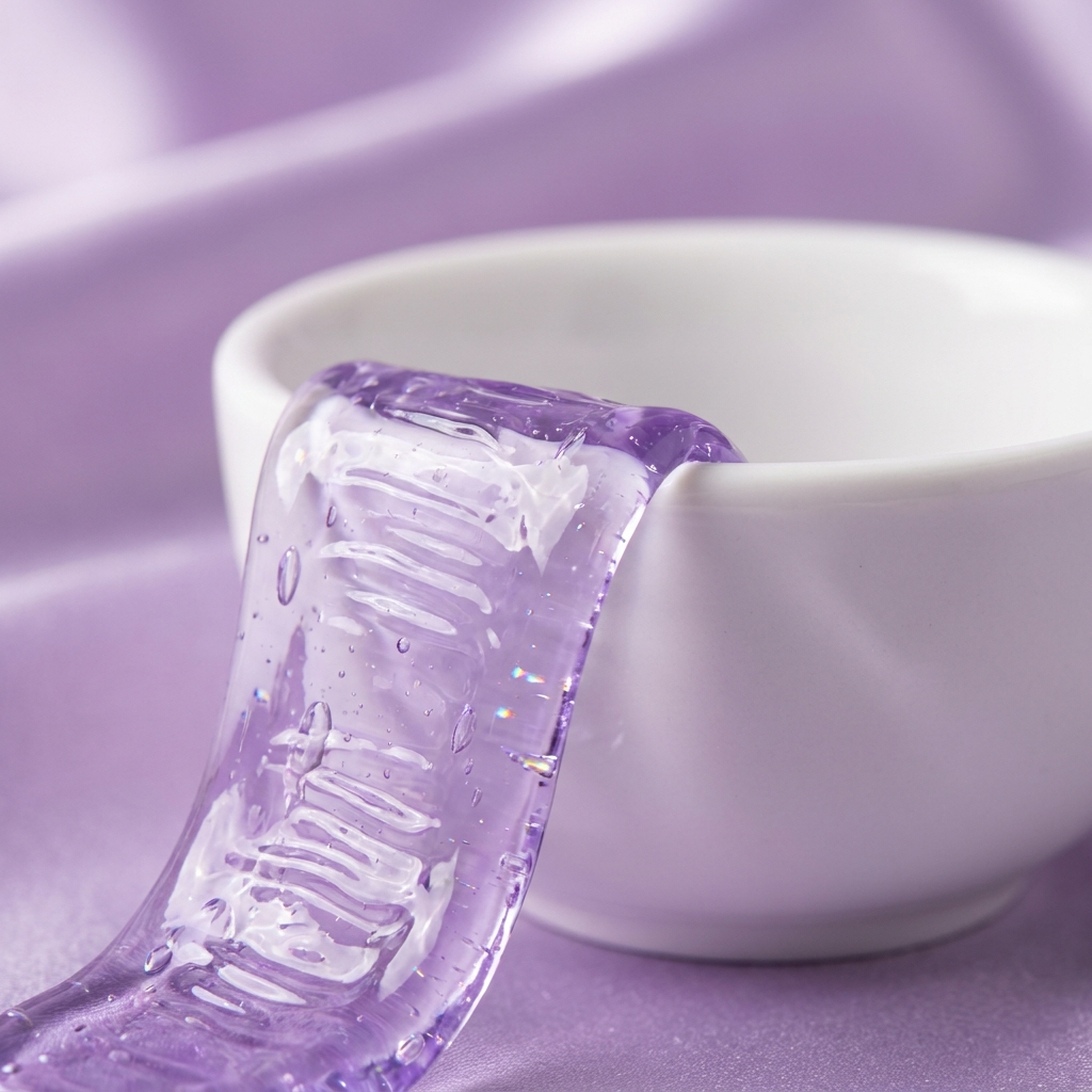 Macro detail of a translucent purple Violaire whitening strip on a ceramic dish
