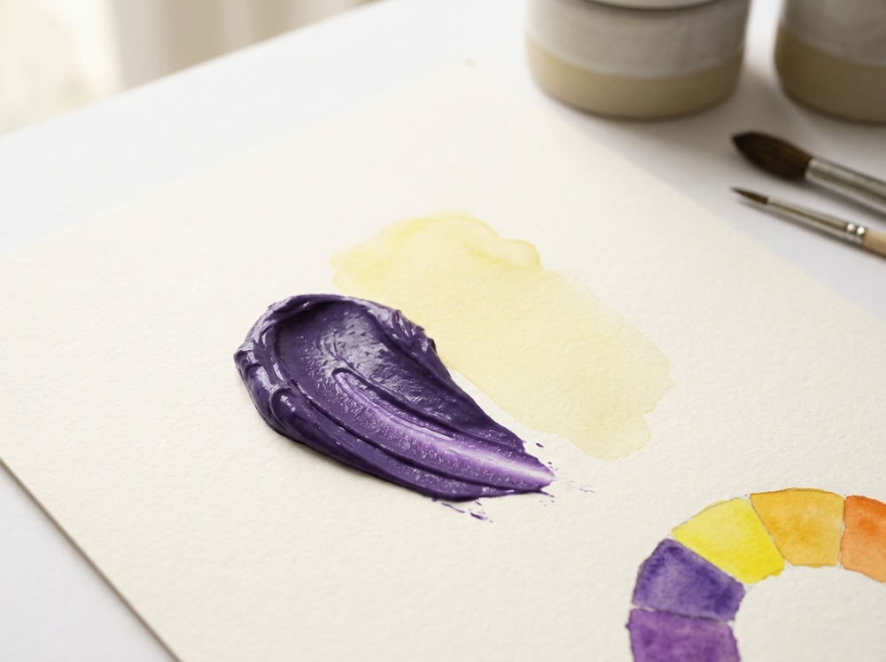 Violet pigment beside a fading yellow swatch — the color-correction principle behind Violaire